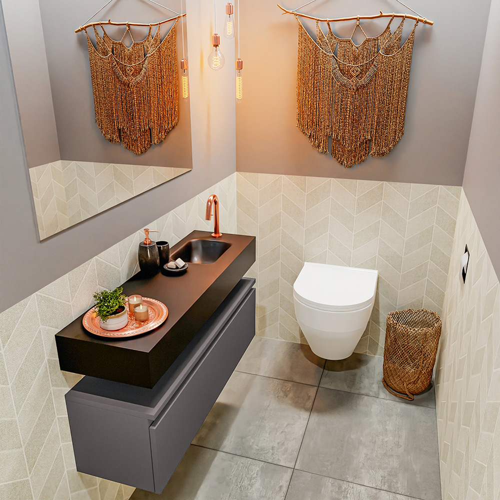 MONDIAZ ANDOR 100cm toiletmeubel dark grey. LEX 100cm wastafel urban positie rechts. Met 1 kraangat