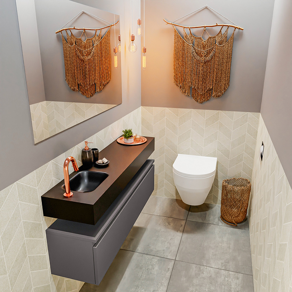 MONDIAZ ANDOR 120cm toiletmeubel dark grey. LEX 120cm wastafel urban positie links. Met 1 kraangat