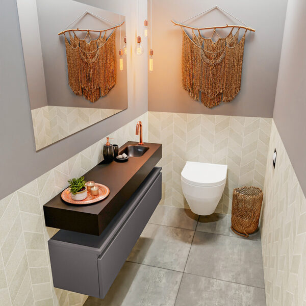 MONDIAZ ANDOR 120cm toiletmeubel dark grey. LEX 120cm wastafel urban positie rechts. Met 1 kraangat