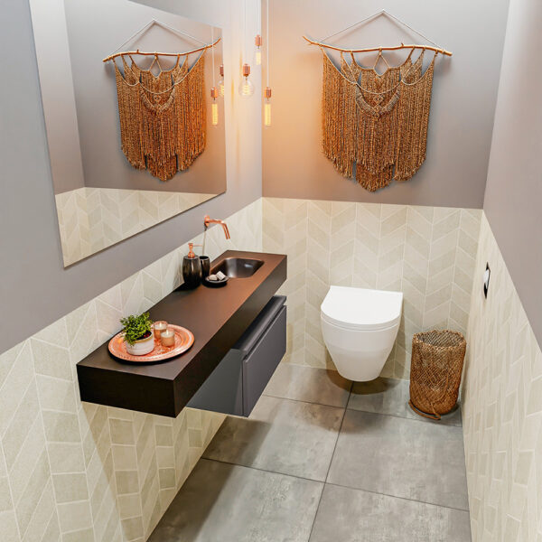 MONDIAZ ANDOR 60cm toiletmeubel dark grey. LEX 120cm wastafel urban positie rechts. Zonder kraangat