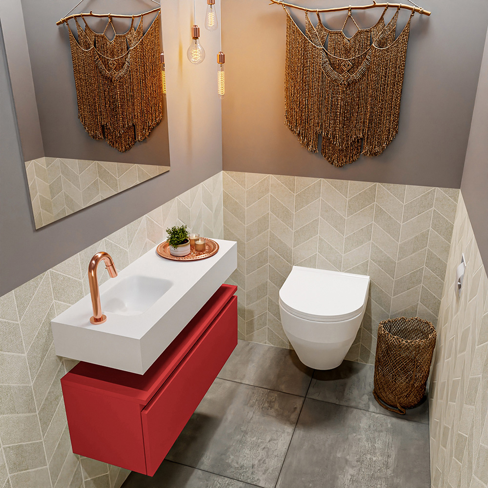 MONDIAZ ANDOR 80cm toiletmeubel fire. LEX 80cm wastafel talc positie links. Met 1 kraangat