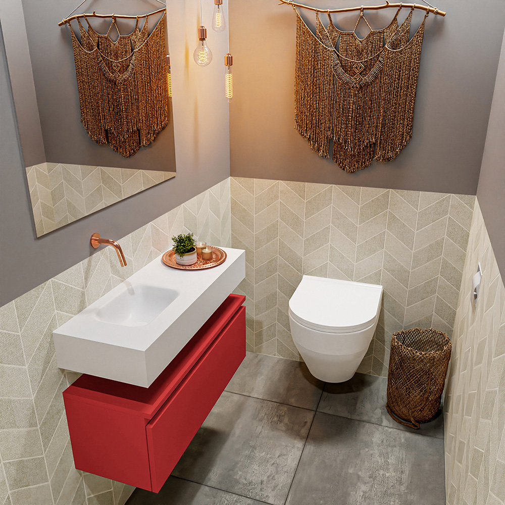 MONDIAZ ANDOR 80cm toiletmeubel fire. LEX 80cm wastafel talc positie links. Zonder kraangat