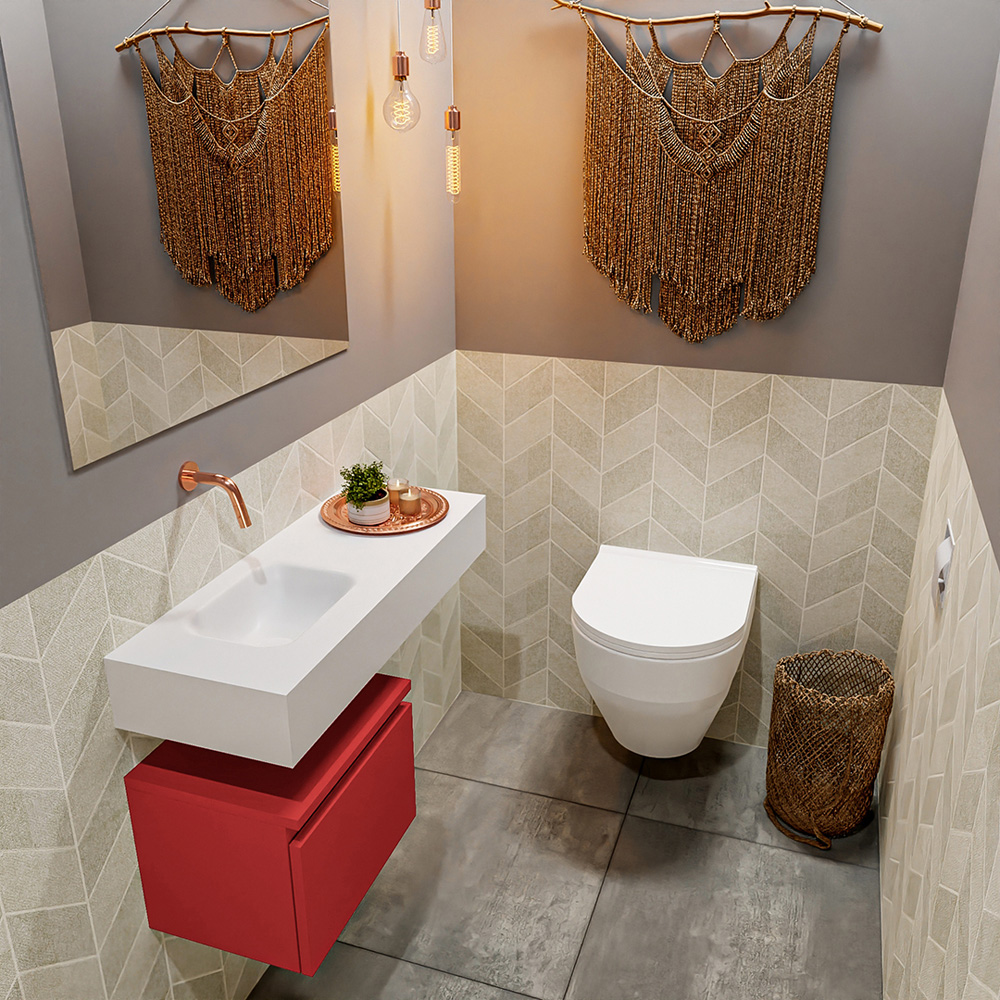 MONDIAZ ANDOR 40cm toiletmeubel fire. LEX 80cm wastafel talc positie links. Zonder kraangat