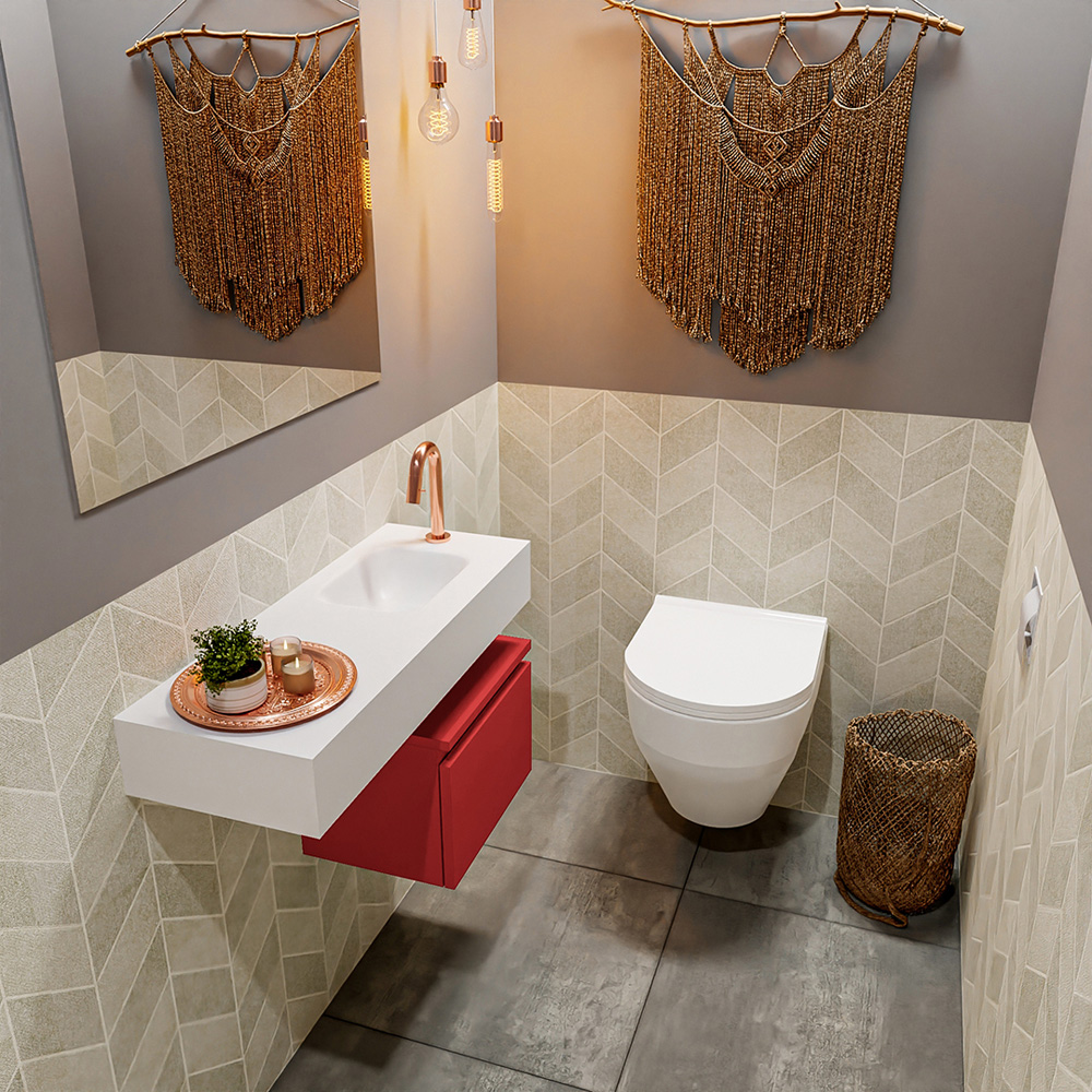 MONDIAZ ANDOR 40cm toiletmeubel fire. LEX 80cm wastafel talc positie rechts. Met 1 kraangat