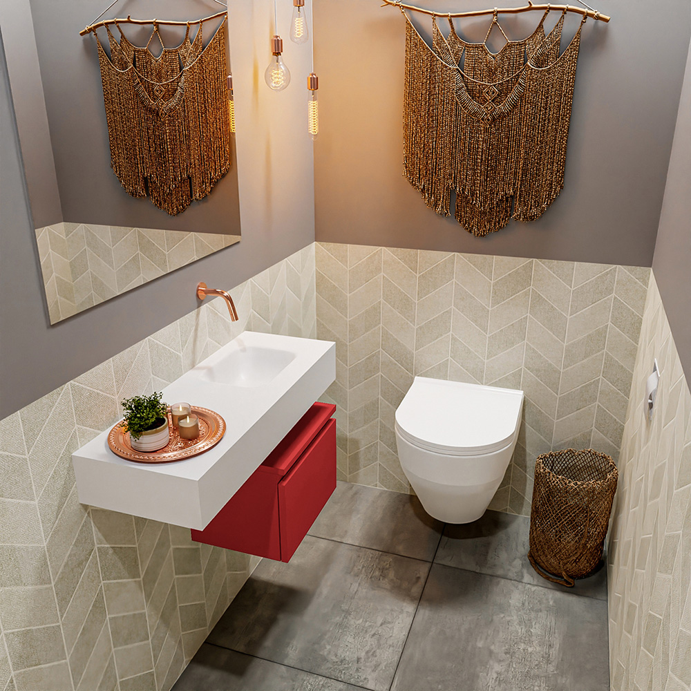 MONDIAZ ANDOR 40cm toiletmeubel fire. LEX 80cm wastafel talc positie rechts. Zonder kraangat