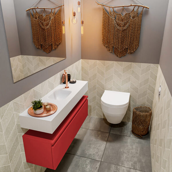 MONDIAZ ANDOR 100cm toiletmeubel fire. LEX 100cm wastafel talc positie midden. Met 1 kraangat
