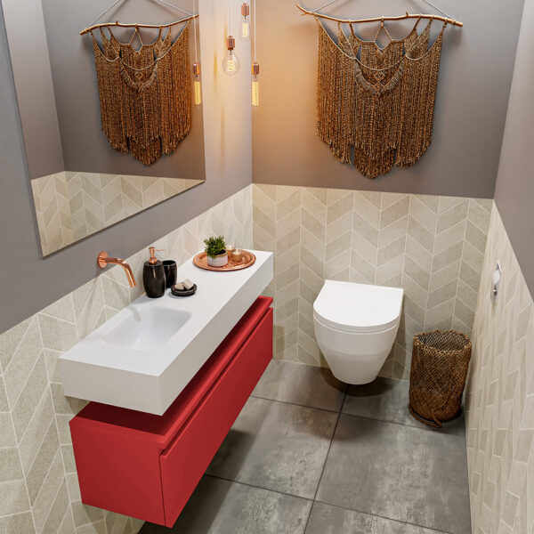 MONDIAZ ANDOR 100cm toiletmeubel fire. LEX 100cm wastafel talc positie links. Zonder kraangat