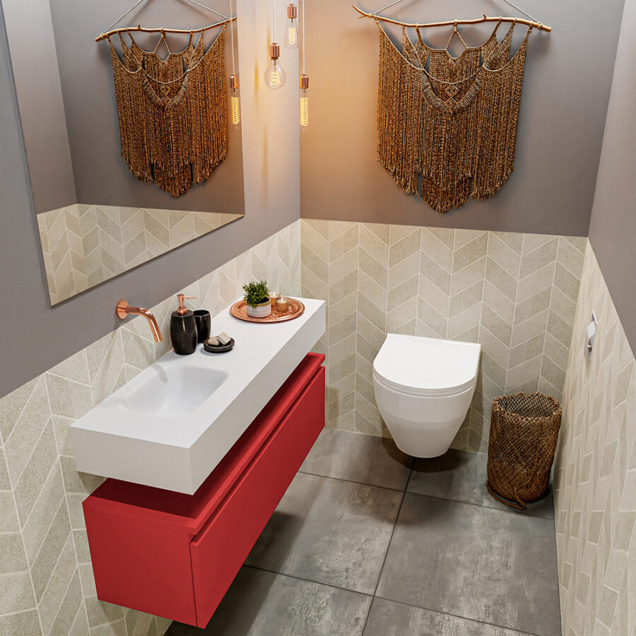 MONDIAZ ANDOR 100cm toiletmeubel fire. LEX 100cm wastafel talc positie links. Zonder kraangat
