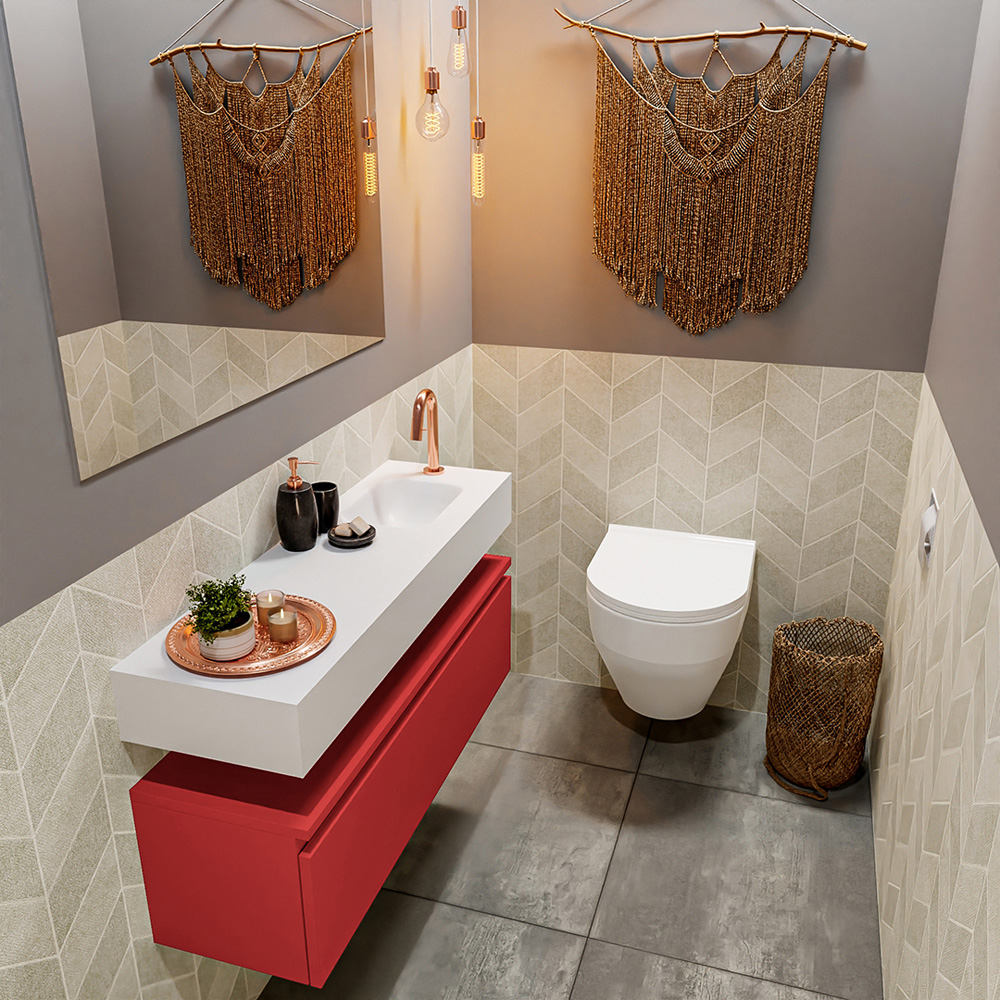 MONDIAZ ANDOR 100cm toiletmeubel fire. LEX 100cm wastafel talc positie rechts. Met 1 kraangat