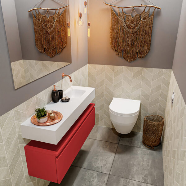 MONDIAZ ANDOR 100cm toiletmeubel fire. LEX 100cm wastafel talc positie rechts. Zonder kraangat