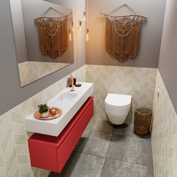 MONDIAZ ANDOR 120cm toiletmeubel fire. LEX 120cm wastafel talc positie midden. Met 1 kraangat