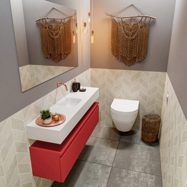 MONDIAZ ANDOR 120cm toiletmeubel fire. LEX 120cm wastafel talc positie midden. Zonder kraangat