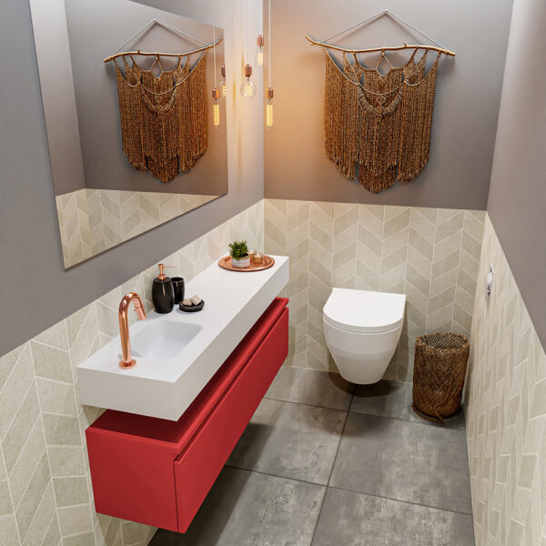 MONDIAZ ANDOR 120cm toiletmeubel fire. LEX 120cm wastafel talc positie links. Met 1 kraangat