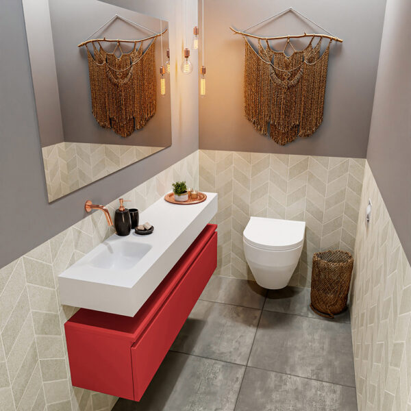 MONDIAZ ANDOR 120cm toiletmeubel fire. LEX 120cm wastafel talc positie links. Zonder kraangat