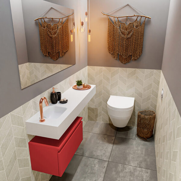 MONDIAZ ANDOR 60cm toiletmeubel fire. LEX 120cm wastafel talc positie links. Met 1 kraangat