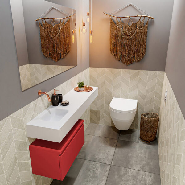 MONDIAZ ANDOR 60cm toiletmeubel fire. LEX 120cm wastafel talc positie links. Zonder kraangat
