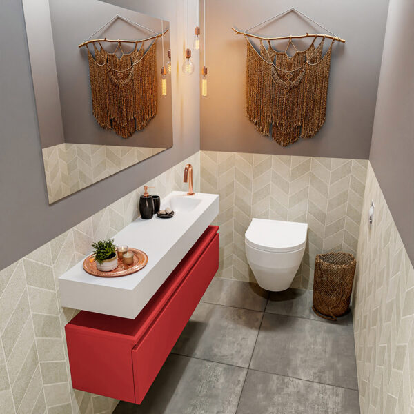 MONDIAZ ANDOR 120cm toiletmeubel fire. LEX 120cm wastafel talc positie rechts. Met 1 kraangat