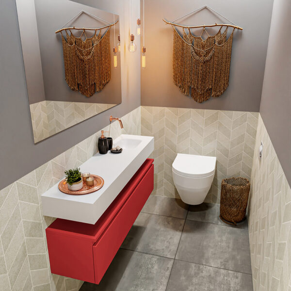 MONDIAZ ANDOR 120cm toiletmeubel fire. LEX 120cm wastafel talc positie rechts. Zonder kraangat