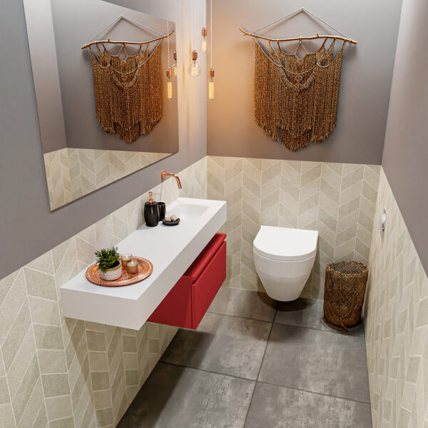 MONDIAZ ANDOR 60cm toiletmeubel fire. LEX 120cm wastafel talc positie rechts. Zonder kraangat