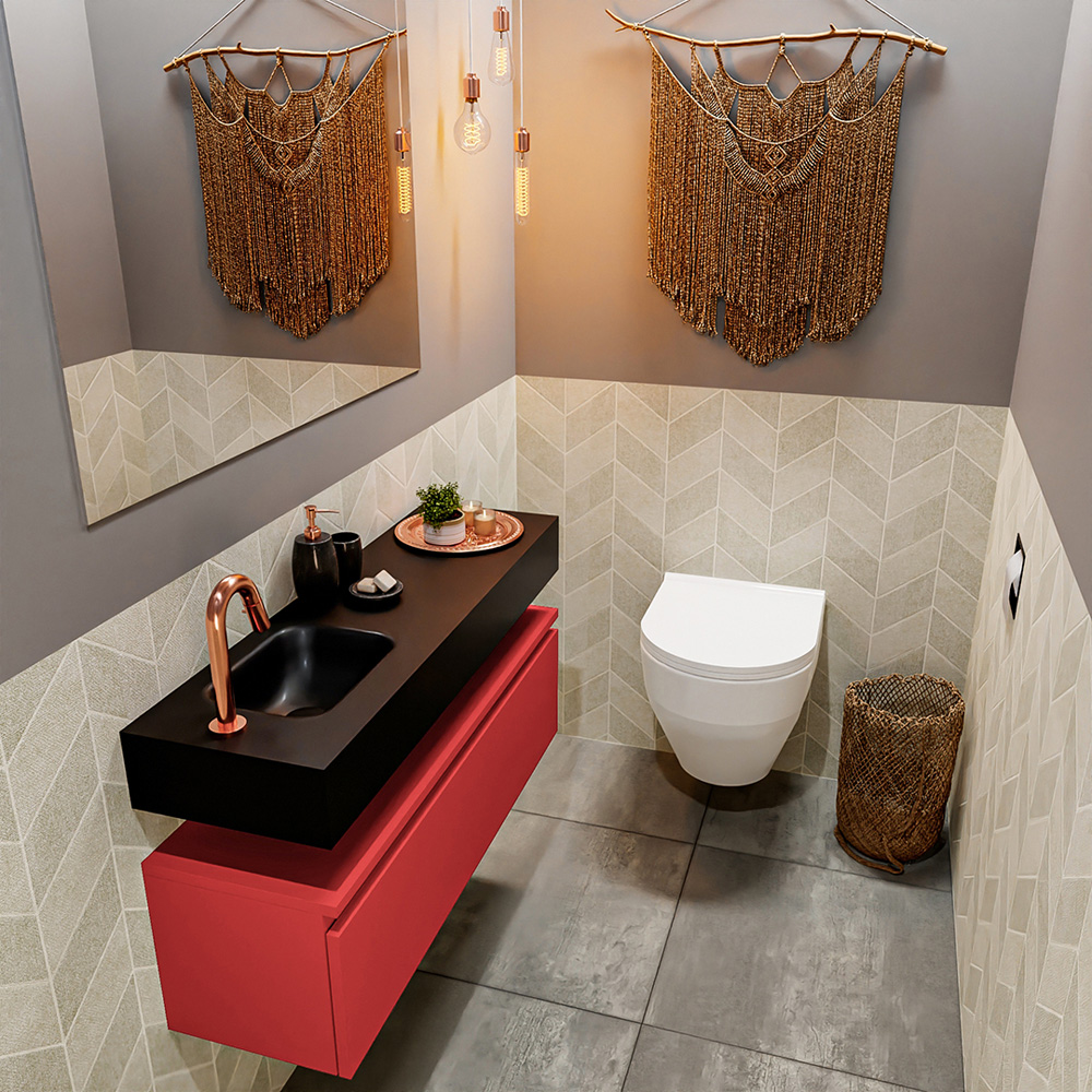 MONDIAZ ANDOR 100cm toiletmeubel fire. LEX 100cm wastafel urban positie links. Met 1 kraangat