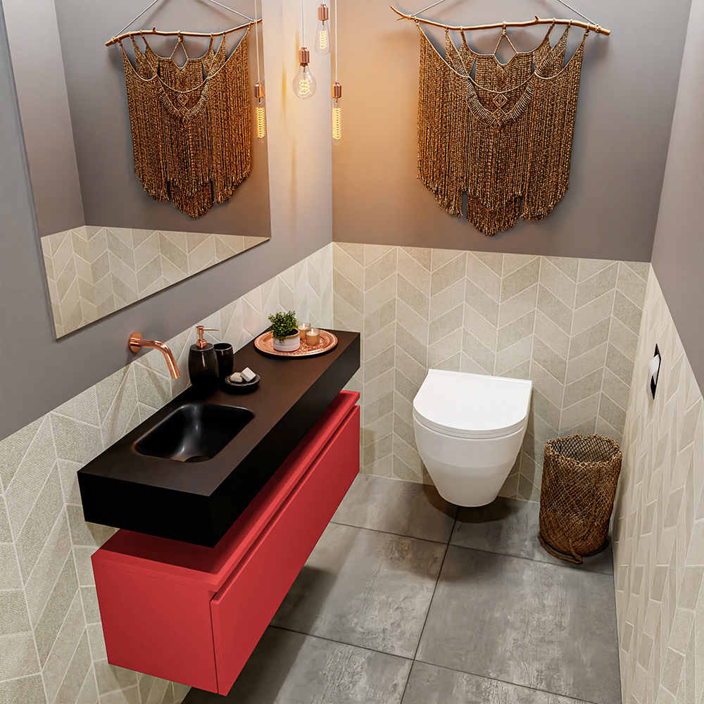 MONDIAZ ANDOR 100cm toiletmeubel fire. LEX 100cm wastafel urban positie links. Zonder kraangat