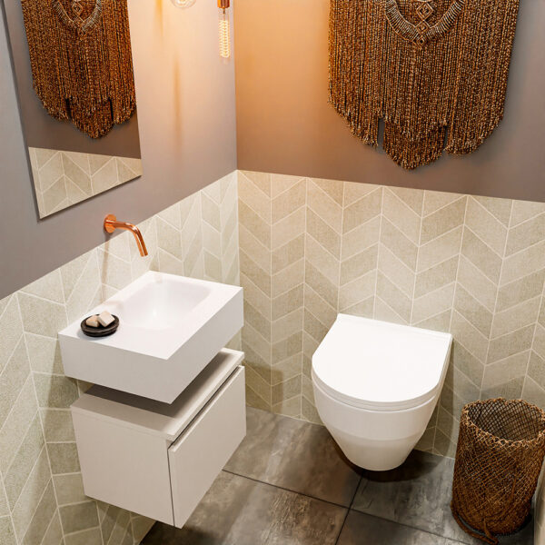 MONDIAZ ANDOR 40cm toiletmeubel linen. LEX 40cm wastafel talc positie rechts. Zonder kraangat