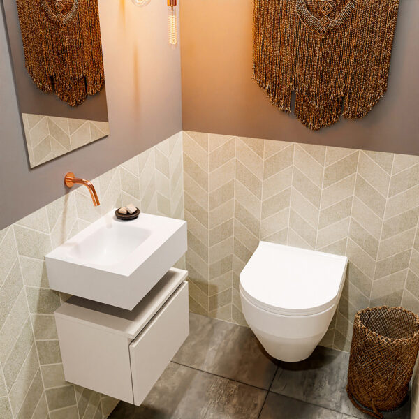 MONDIAZ ANDOR 40cm toiletmeubel linen. LEX 40cm wastafel talc positie links. Zonder kraangat