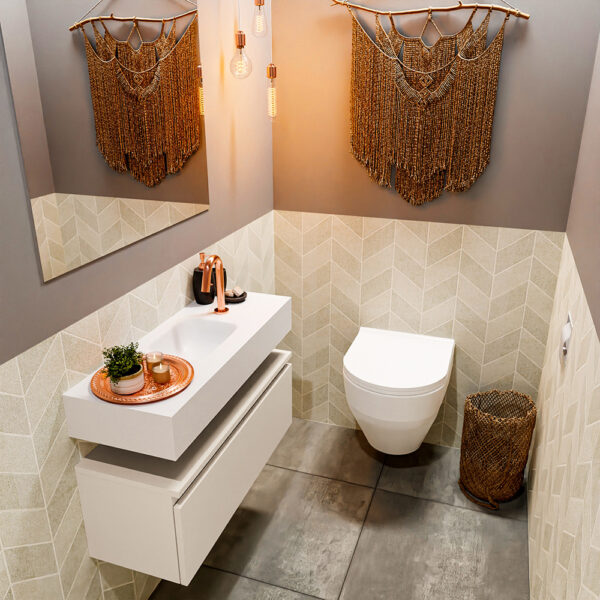 MONDIAZ ANDOR 80cm toiletmeubel linen. LEX 80cm wastafel talc positie midden. Met 1 kraangat