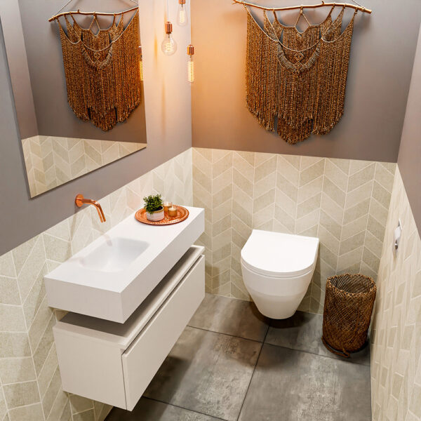 MONDIAZ ANDOR 80cm toiletmeubel linen. LEX 80cm wastafel talc positie links. Zonder kraangat