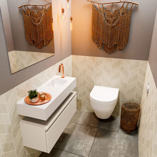MONDIAZ ANDOR 80cm toiletmeubel linen. LEX 80cm wastafel talc positie rechts. Met 1 kraangat