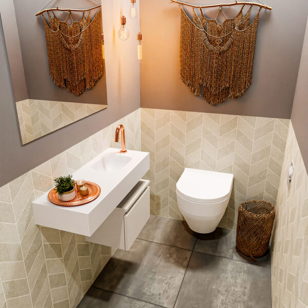 MONDIAZ ANDOR 40cm toiletmeubel linen. LEX 80cm wastafel talc positie rechts. Met 1 kraangat