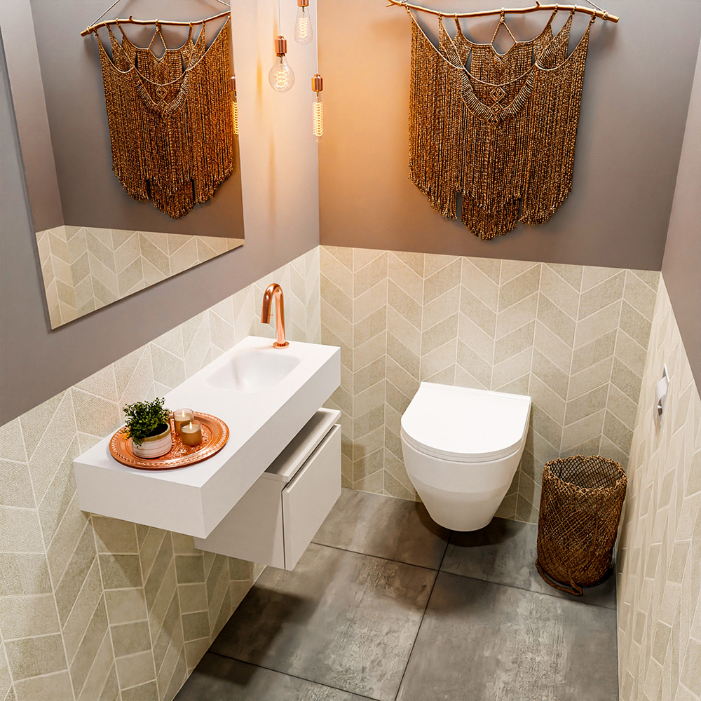 MONDIAZ ANDOR 40cm toiletmeubel linen. LEX 80cm wastafel talc positie rechts. Met 1 kraangat