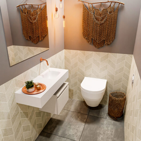 MONDIAZ ANDOR 40cm toiletmeubel linen. LEX 80cm wastafel talc positie rechts. Zonder kraangat