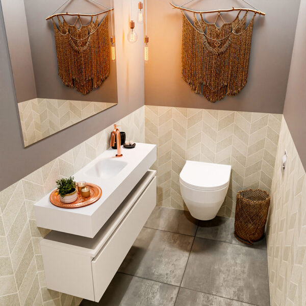 MONDIAZ ANDOR 100cm toiletmeubel linen. LEX 100cm wastafel talc positie midden. Met 1 kraangat