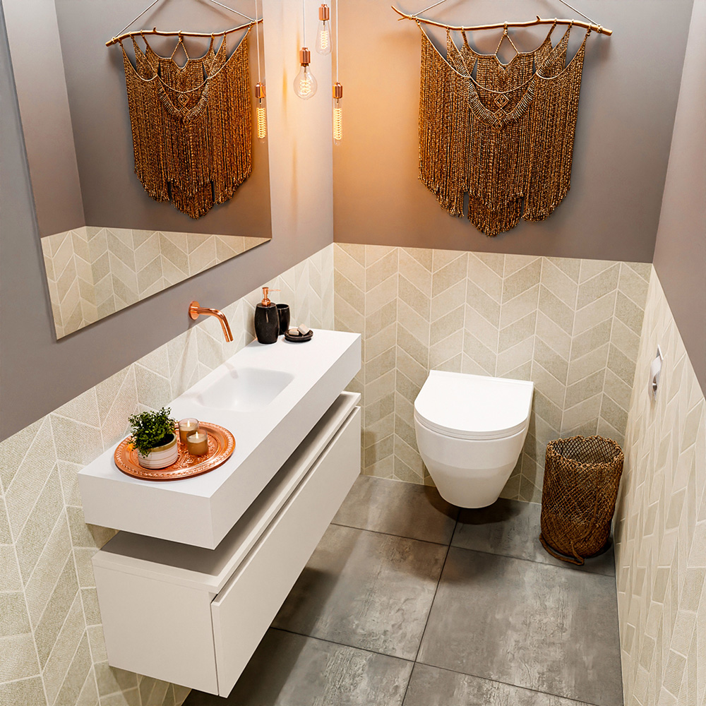 MONDIAZ ANDOR 100cm toiletmeubel linen. LEX 100cm wastafel talc positie midden. Zonder kraangat