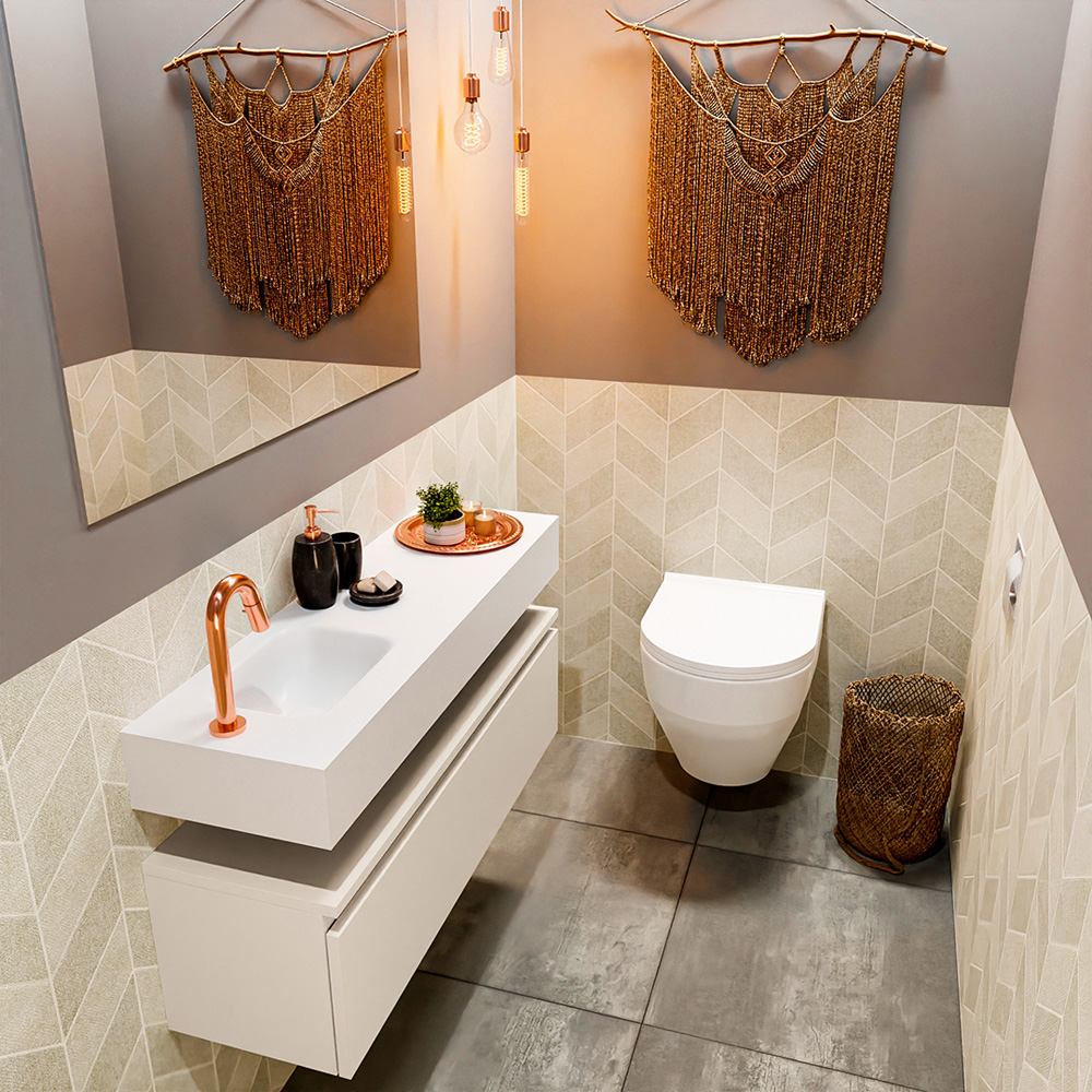 MONDIAZ ANDOR 100cm toiletmeubel linen. LEX 100cm wastafel talc positie links. Met 1 kraangat