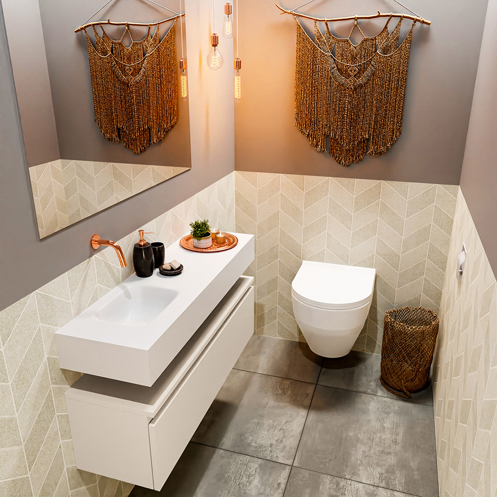 MONDIAZ ANDOR 100cm toiletmeubel linen. LEX 100cm wastafel talc positie links. Zonder kraangat