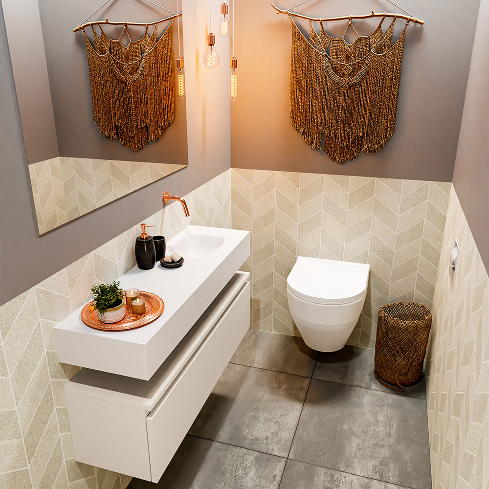 MONDIAZ ANDOR 100cm toiletmeubel linen. LEX 100cm wastafel talc positie rechts. Zonder kraangat