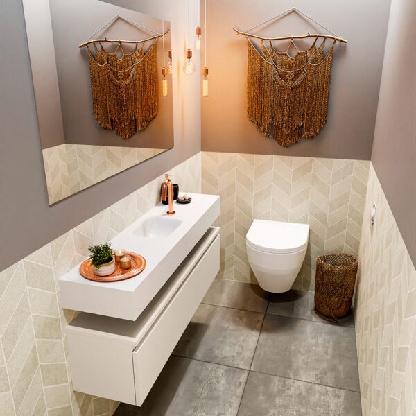 MONDIAZ ANDOR 120cm toiletmeubel linen. LEX 120cm wastafel talc positie midden. Met 1 kraangat