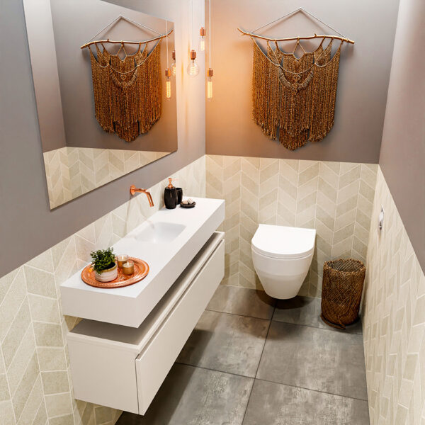 MONDIAZ ANDOR 120cm toiletmeubel linen. LEX 120cm wastafel talc positie midden. Zonder kraangat