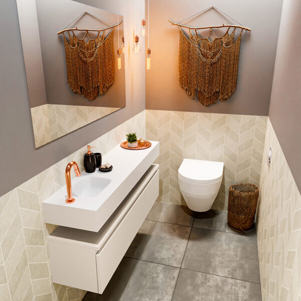 MONDIAZ ANDOR 120cm toiletmeubel linen. LEX 120cm wastafel talc positie links. Met 1 kraangat