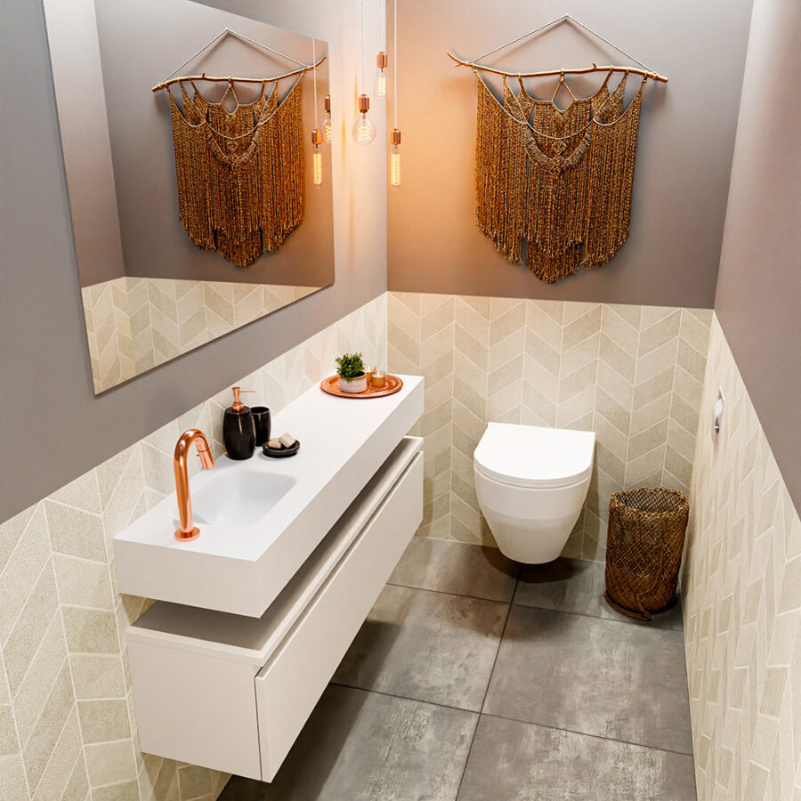 MONDIAZ ANDOR 120cm toiletmeubel linen. LEX 120cm wastafel talc positie links. Met 1 kraangat