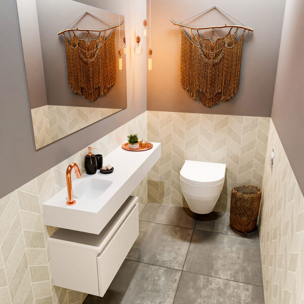 MONDIAZ ANDOR 60cm toiletmeubel linen. LEX 120cm wastafel talc positie links. Met 1 kraangat