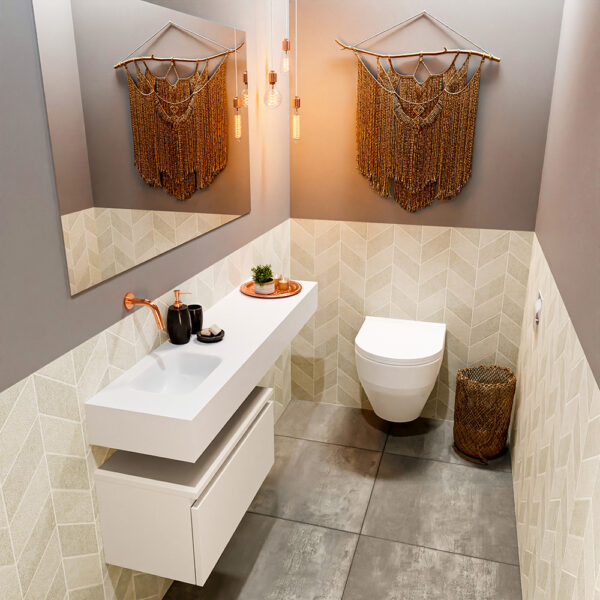 MONDIAZ ANDOR 60cm toiletmeubel linen. LEX 120cm wastafel talc positie links. Zonder kraangat