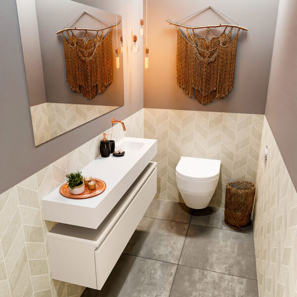 MONDIAZ ANDOR 120cm toiletmeubel linen. LEX 120cm wastafel talc positie rechts. Zonder kraangat