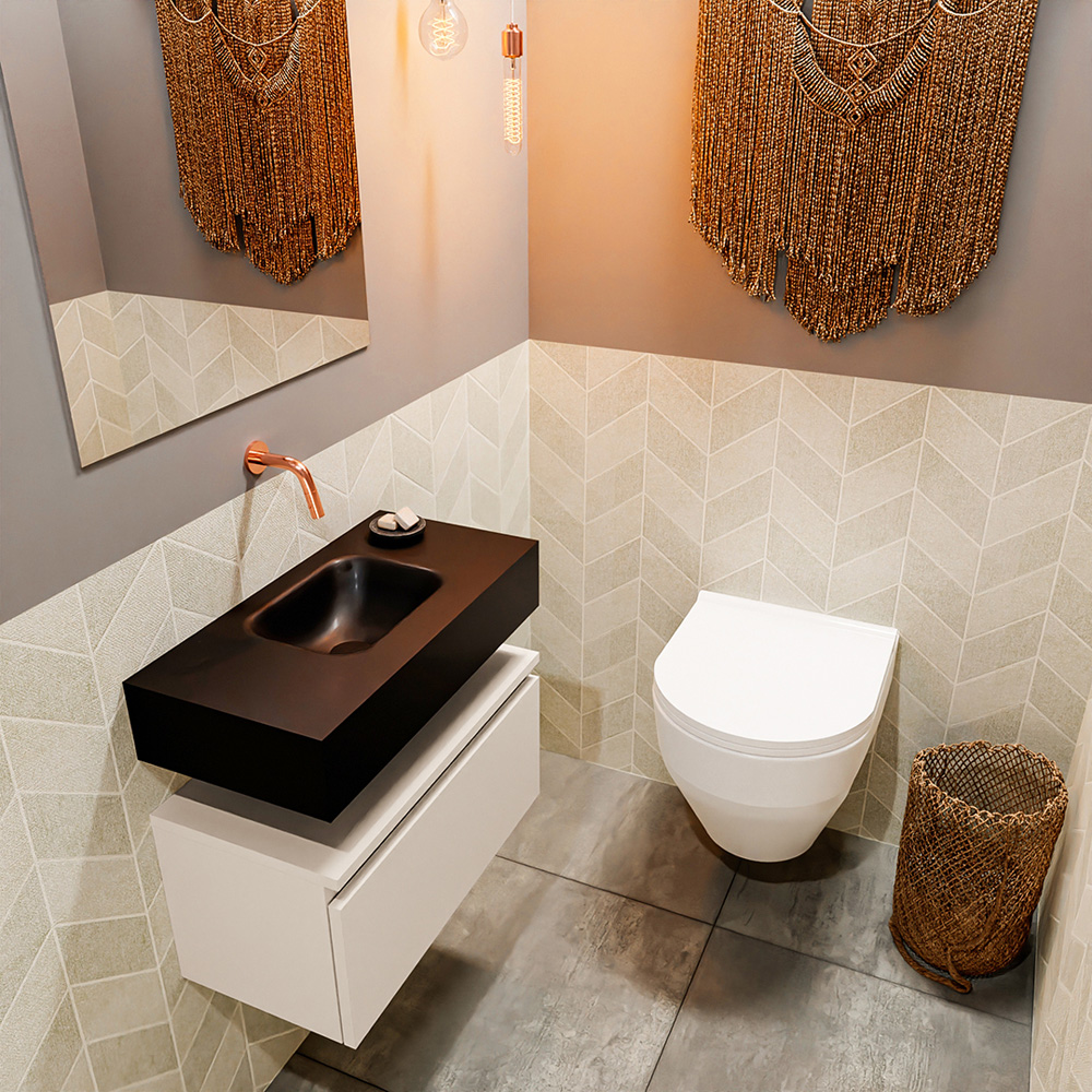 MONDIAZ ANDOR 60cm toiletmeubel linen. LEX 60cm wastafel urban positie midden. Zonder kraangat