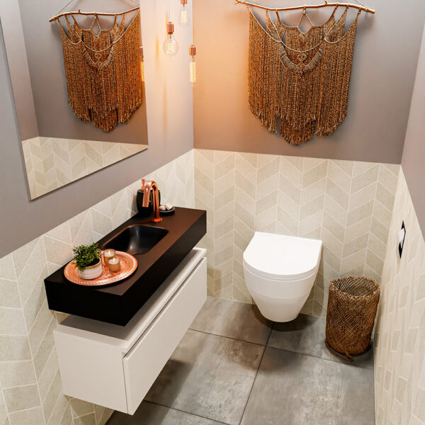 MONDIAZ ANDOR 80cm toiletmeubel linen. LEX 80cm wastafel urban positie midden. Met 1 kraangat