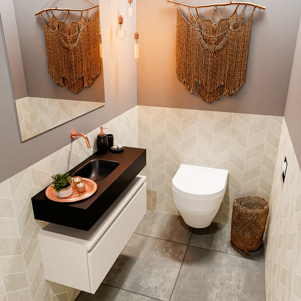 MONDIAZ ANDOR 80cm toiletmeubel linen. LEX 80cm wastafel urban positie midden. Zonder kraangat