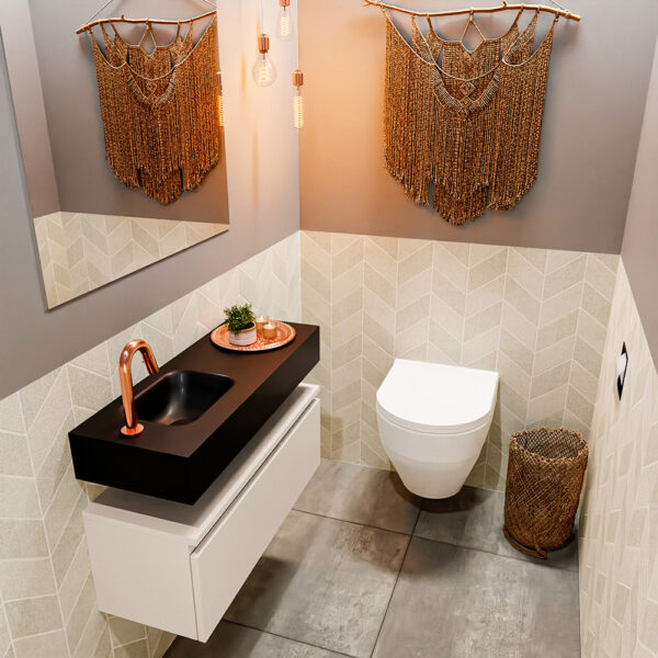 MONDIAZ ANDOR 80cm toiletmeubel linen. LEX 80cm wastafel urban positie links. Met 1 kraangat