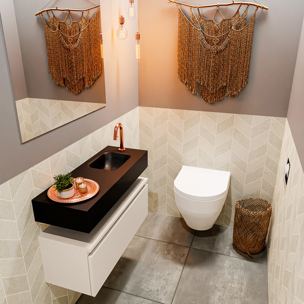 MONDIAZ ANDOR 80cm toiletmeubel linen. LEX 80cm wastafel urban positie rechts. Met 1 kraangat